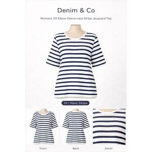 Denim & Co Womens 3X Elbow Sleeve‎ Lace Stripe Jacquard Top Navy White A305263